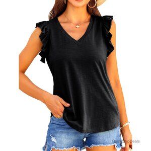 Rayon Spandex V-Neck Sleeveless Blouse with Ruffles Casual Summer Top